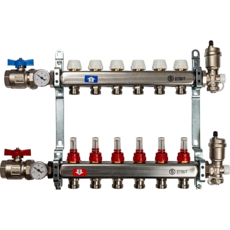 STOUT Коллектор из нержавеющей стали в сборе с расходомерами 1"-3/4" 6 вых.