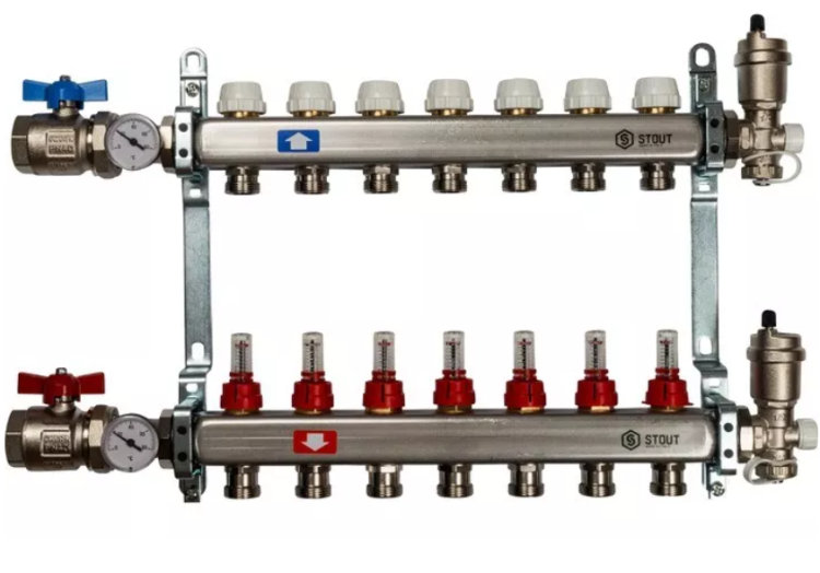 STOUT Коллектор из нержавеющей стали в сборе с расходомерами 1"-3/4" 7 вых.