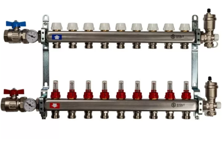 STOUT Коллектор из нержавеющей стали в сборе с расходомерами 1"-3/4" 9 вых.