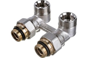 Пара шаровых кранов с соединительным ниппелем 1/2xG 3/4, угловой (никелированый)