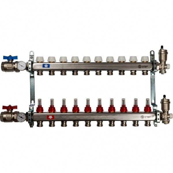 STOUT Коллектор из нержавеющей стали в сборе с расходомерами 1"-3/4" 10 вых.