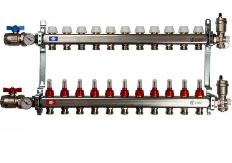 STOUT Коллектор из нержавеющей стали в сборе с расходомерами 1"-3/4" 11 вых.