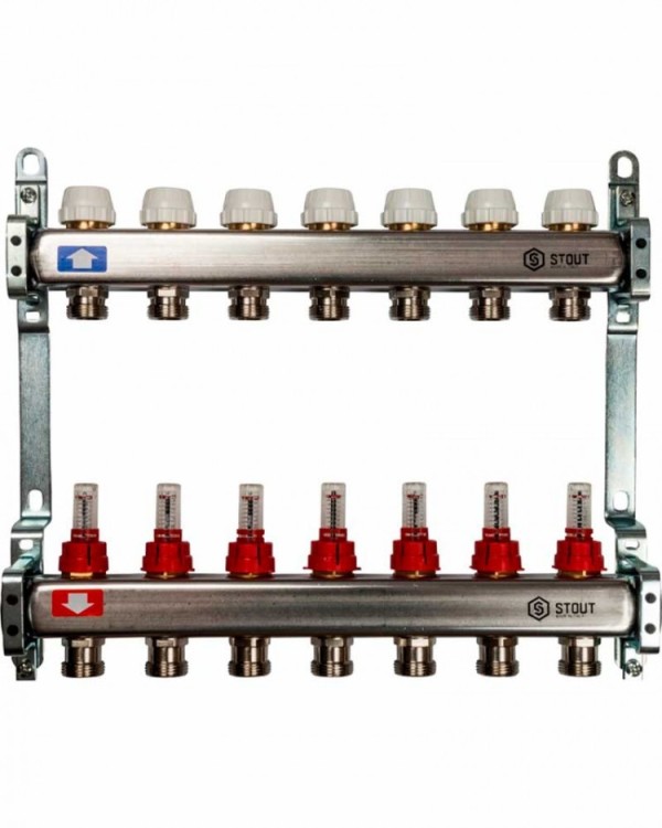 STOUT Коллектор из нержавеющей стали с расходомерами 1"-3/4" 7 вых.