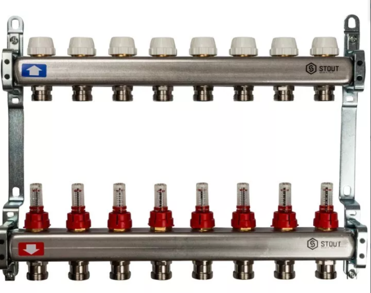STOUT Коллектор из нержавеющей стали с расходомерами 1"-3/4" 8 вых.